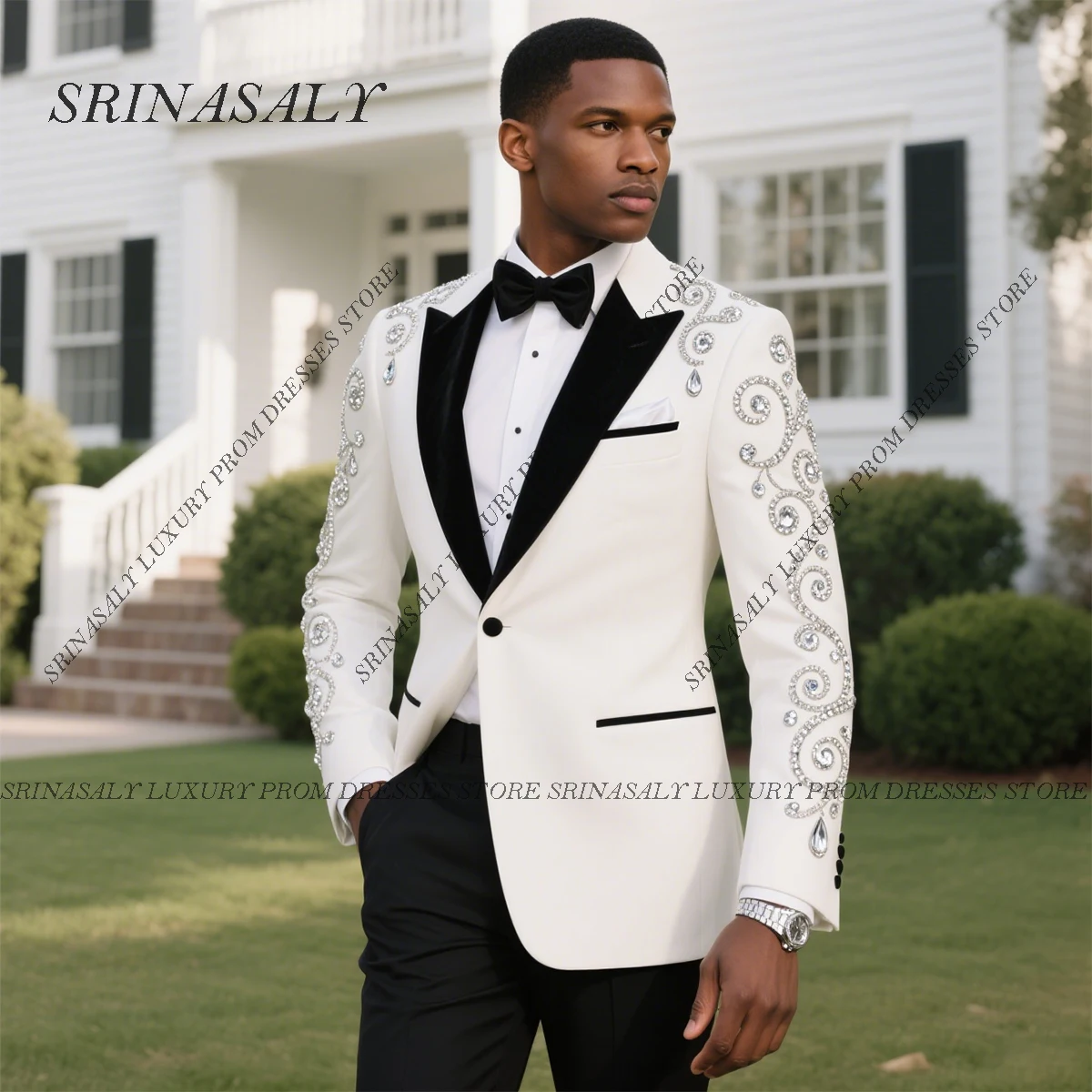

Customized Sparkly Diamond Ornament Lapel Men Suit Slim Wedding Tuxedos 2 Pieces Sets Formal Groom Male Blazers Ropa hombre