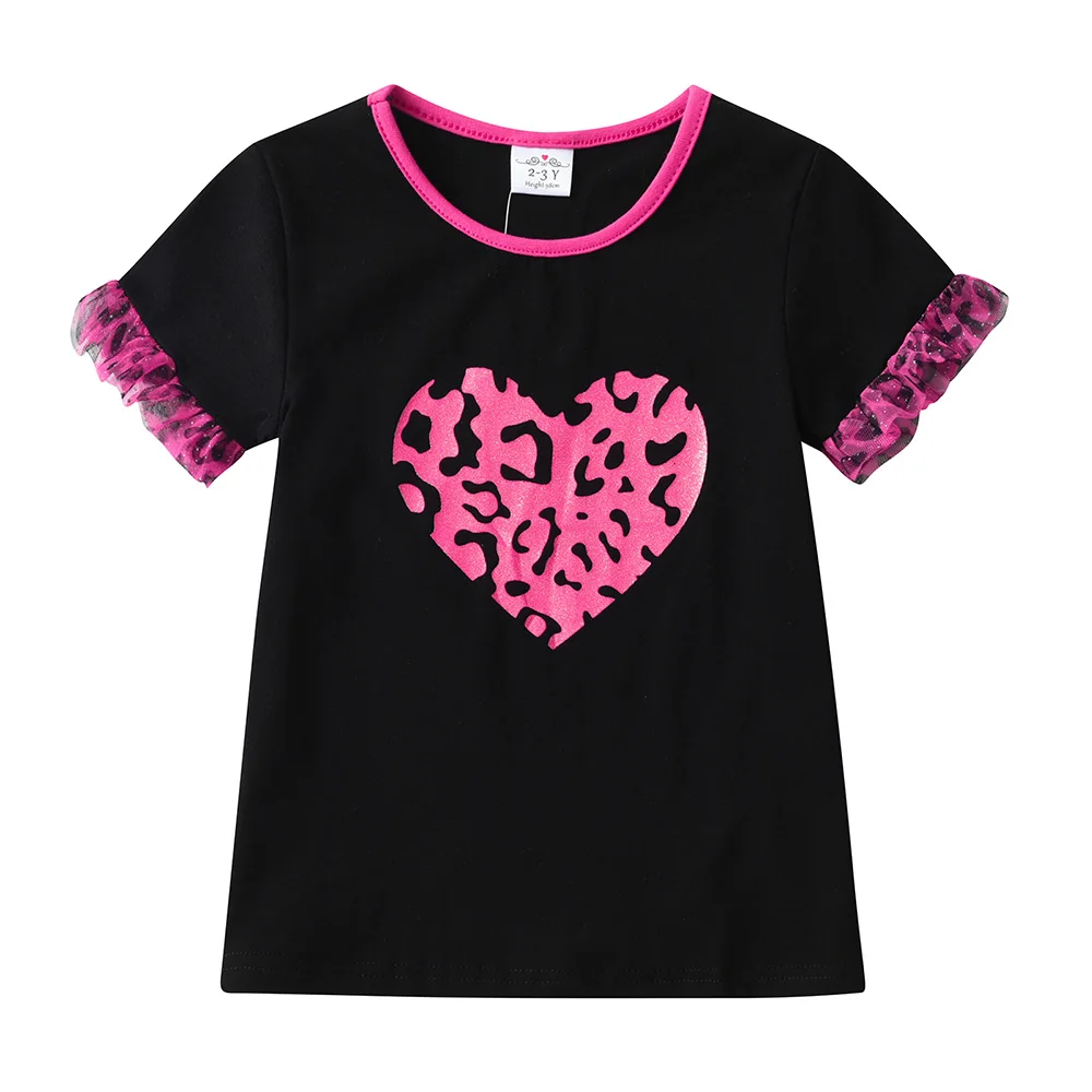 DXTON 2PCS Suit For Girls Summer Children Clothing Sets Short Sleeve Kids Tops With Tutu Skirts Leopard Heart Print Kids Costume