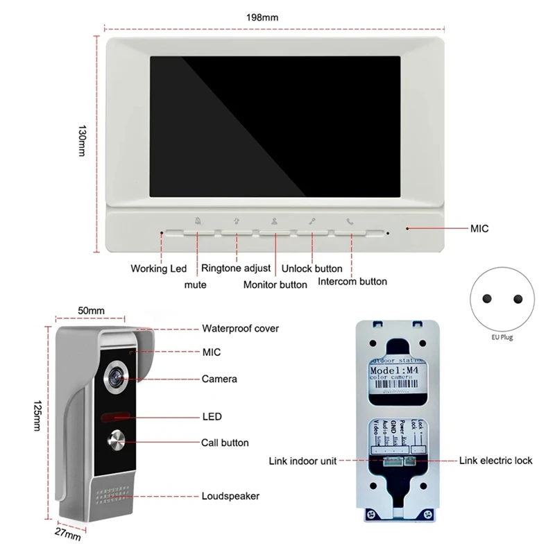 Sistema de intercomunicación de vídeo de 7 pulgadas, Kits de sistema de timbre de puerta, soporte de monitoreo de desbloqueo para Villa y hogar