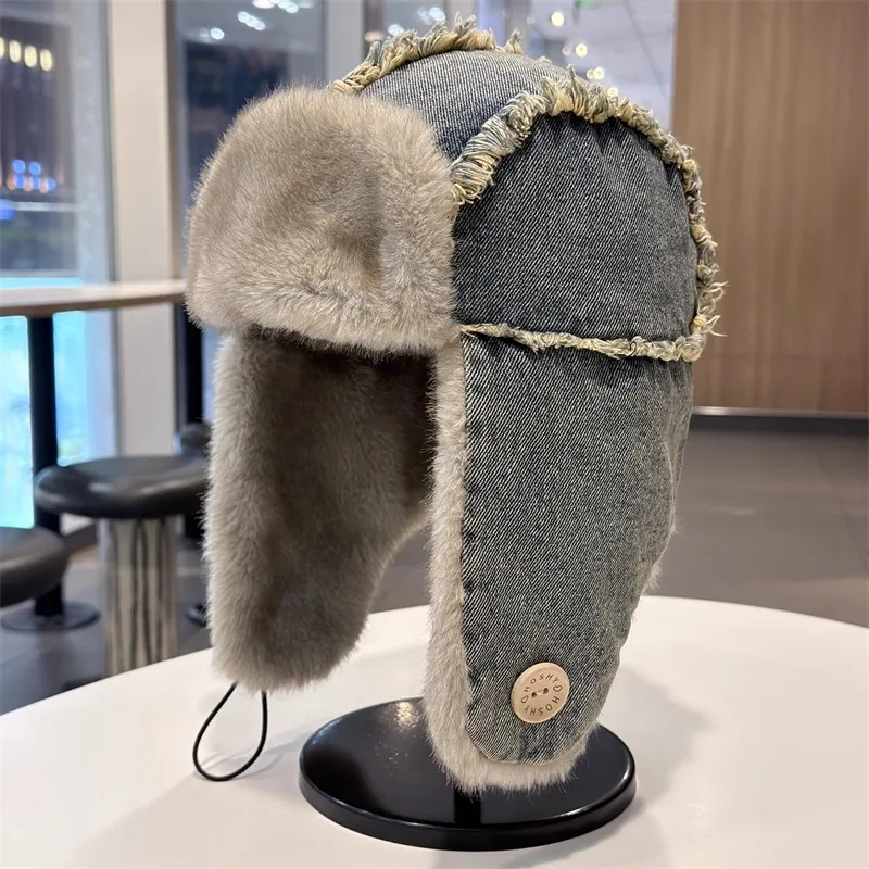 

Men Women Vintage Fleece Denim Winter Cap Warm Hats Adult Neck Warmer Thick Skullies Snow Ski Cycling Cold Weather Russian Hat