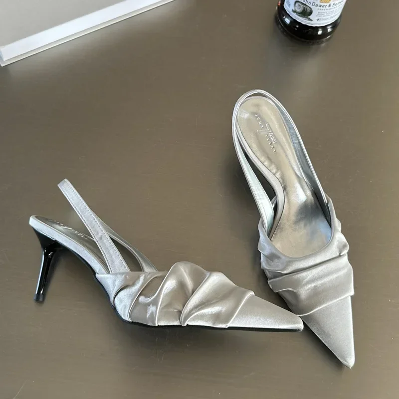 

2025 Elegant High Heels Silver Pumps for Women Summer Pleated Slingbacks Pointed Party Shoes Woman Solid High Heeled Sandals
