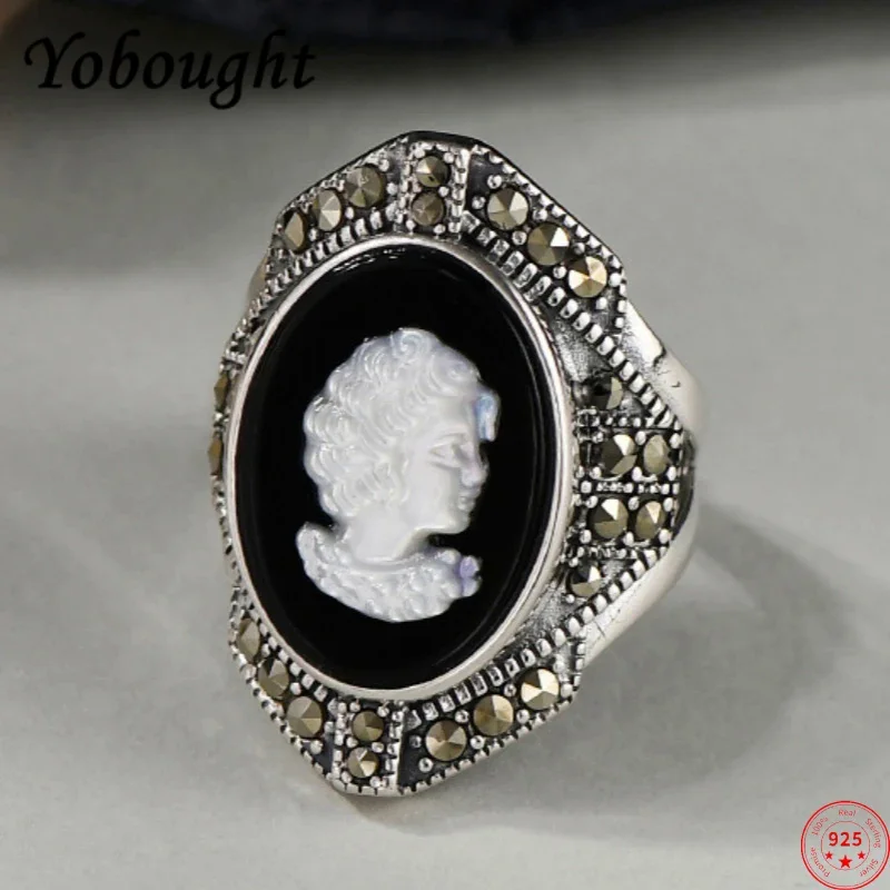 

S925 Sterling Silver Rings For Women New Fashion Ancient Beauty Head Sculpture Black Agate White Shell Jewelry Free Shipping