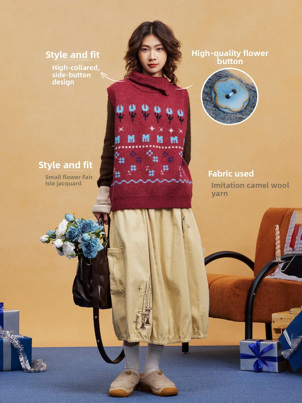 

New Year's Maood Wool Blend Waistcoat High Collar Layering Sle Japanese Sle Construction Site Inspired Women's Vest