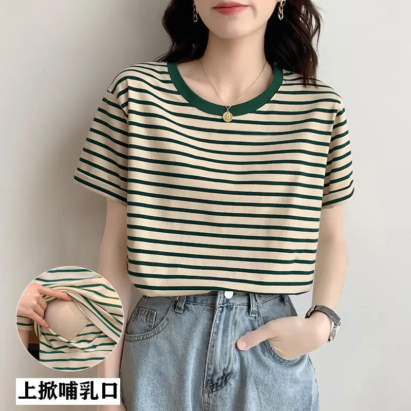 

Maternity Clothes For Women Breastfeeding Tops Summer Short Sleeve Striped Splicing Pregnant T-Shirts Casual Nursing Clothing