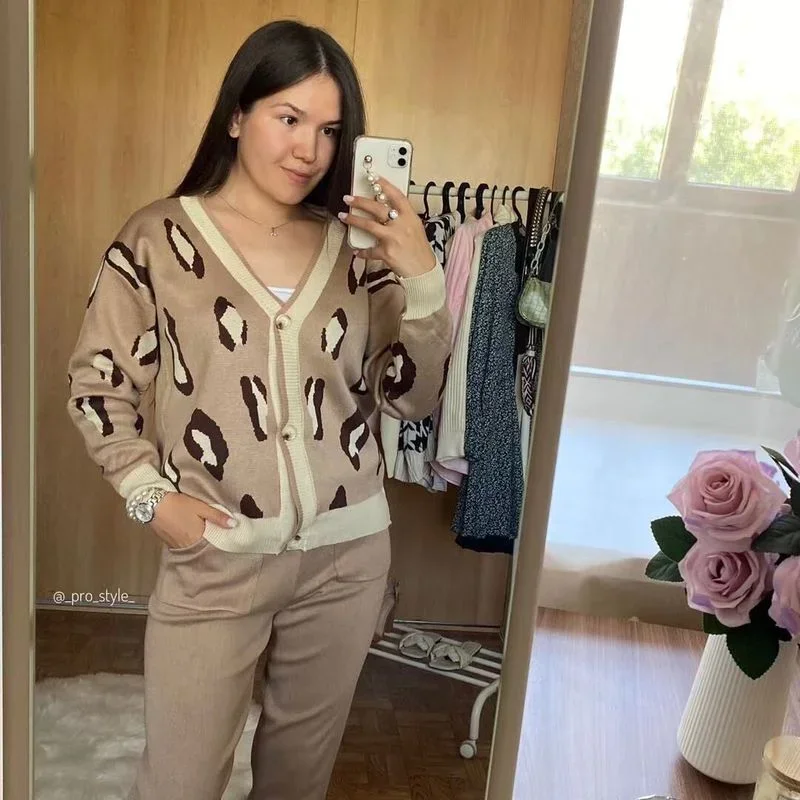 2021 One Size  New Leopard Print Knitted Cardigan + Two-piece Harem Pants Four Color