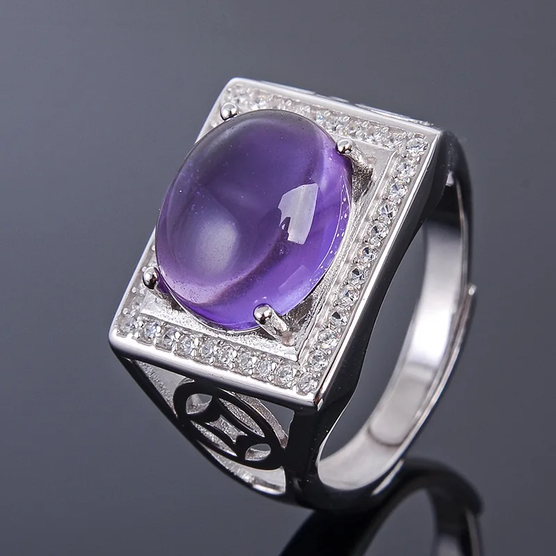 MeiBaPJ 8*10 Natural Amethyst Gemstone Fashion Ring /Empty Support for Men Real 925 Sterling Silver Fine Charm Jewelry