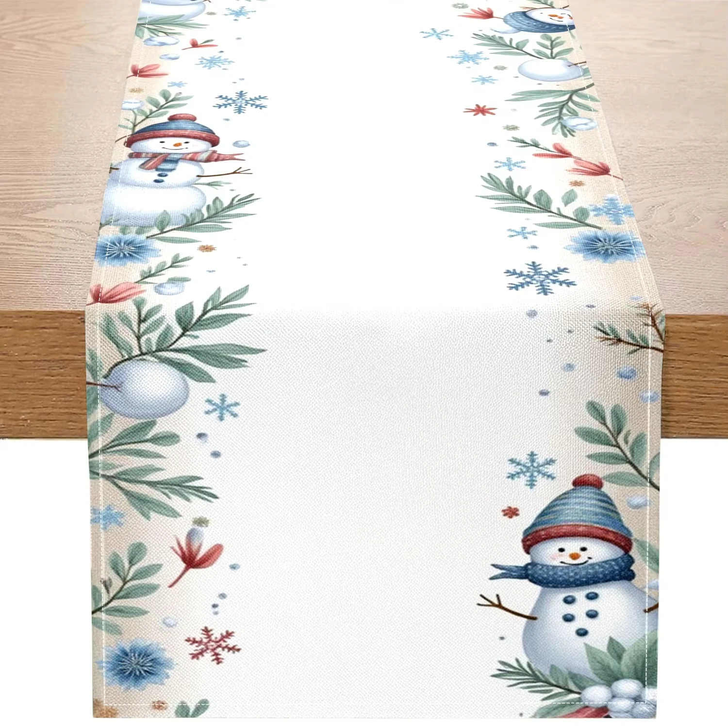 Weihnachts-Schneemann-Tischläufer mit Schneeflocken, Blumenmuster, festliche Winterurlaub, Heimdekoration für Weihnachtsfeiern, Dekorationen
