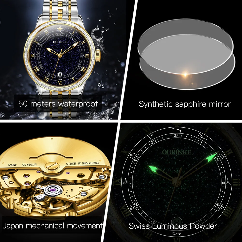 Imagem -03 - Oupinke Original Relógio Mecânico Automático para Homem Estrela Diamante Design Luminoso à Prova Dwristver Água Relógio de Pulso dos Homens de Luxo Montre Homme