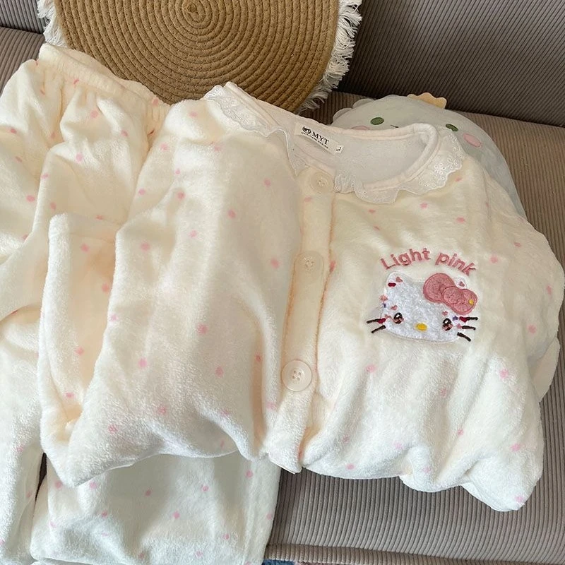 الأصفر مرحبا كيتي منامة للفتيات ربيع الخريف الشتاء سميكة المخملية طويلة الأكمام دعوى لطيف الدافئة لباس خارجي ملابس المنزل