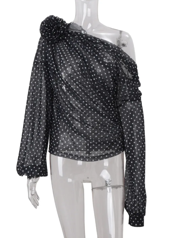 Oniflyme Szyfonowe Bluzki w Kropki z Nadrukiem dla Kobiet Eleganckie Bluzki z Odkrytymi Ramionami z Długim Rękawem Przezroczyste T-shirty Streetwear Seksowne Bluzki o Nieregularnym Kroju