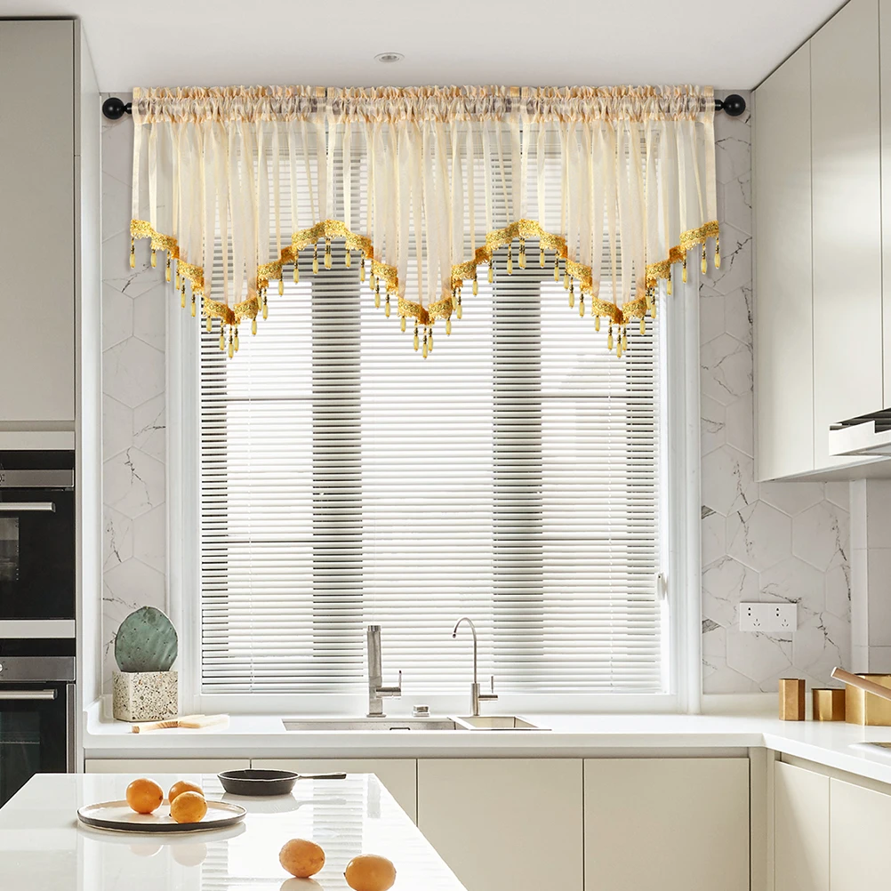 1pc Pure Color Curtain Valance with Beads,Rod Pocket,Modern New Design Valance for Living Room,Transparent Thin Sheer Valance
