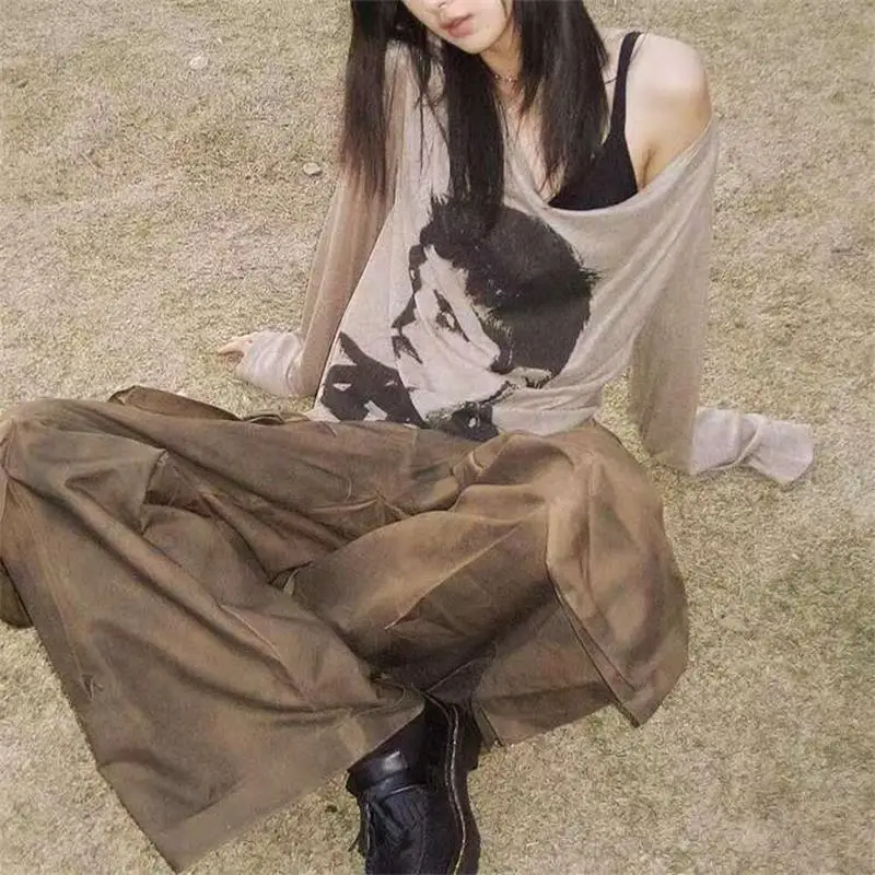 Women Y2K Gothic Grunge Loose T Shirts Off Shoulder Streetwear Fairycore Hip Hop Tops Punk Casual Long Sleeve Top Female Clothes