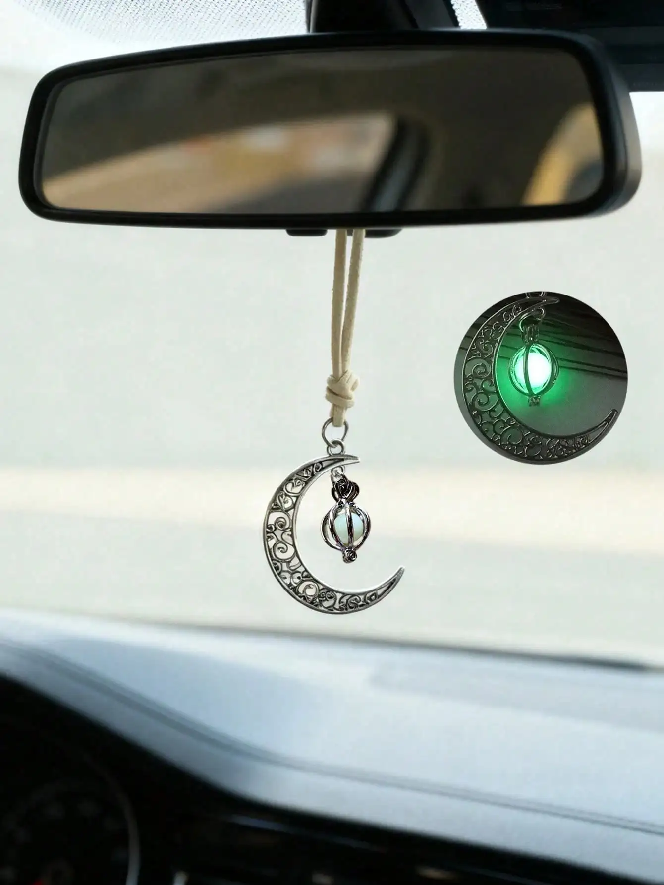 Luminous Moon Pendant Car Hanging Ornament – Hollow Crescent Design, Inlaid with Luminous Stone, Elegant Rearview Mirror Decor image 5