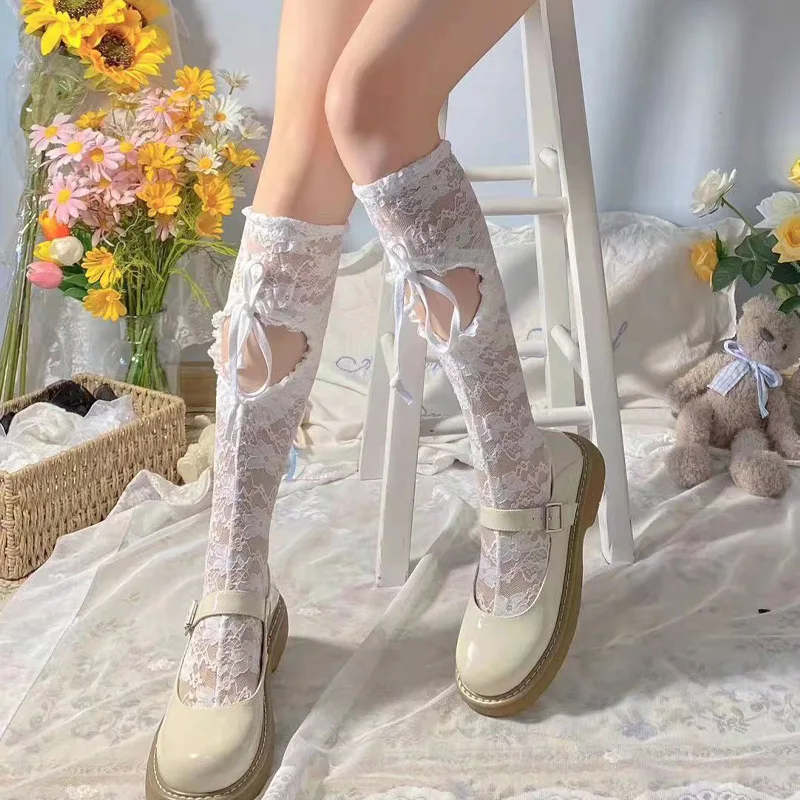 Women Lolita Lace Socks Y2k Gothic Knee High Socks Front Drawstring Cutout Stockings