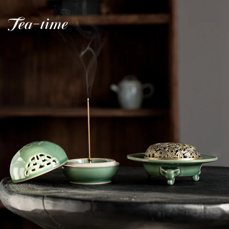 

Celadon Incense Stove with Copper Cover Incense Holder Elegant Household Scented Aromatic Candles White Tea Tea Items Collection