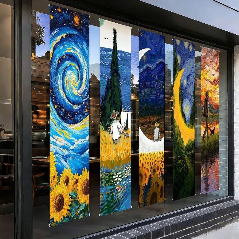 VIKAMA Ceiling Hanging Curtain Van Gogh Starry Night Decorative Banner Restaurant Bar Cafe Wedding Home Decor