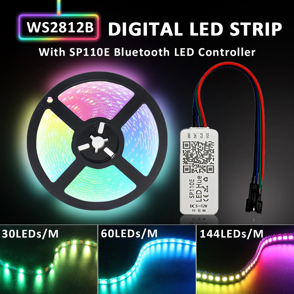 Tira de luces LED WS2812B con USB, Cinta Digital direccionable con Bluetooth, 5V DC SP110E, WS2812, SMD 5050 RGB, retroiluminación colorida para TV