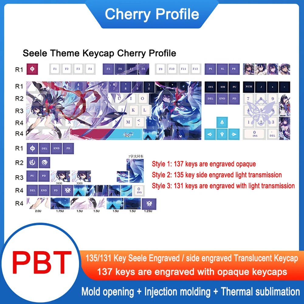 131 Keys/set Seele Vollerei Stygian Keycap PBT Dye Subbed Backlit Keycaps Honkai Impact 3 Anime Gaming Key Caps Cherry Profile