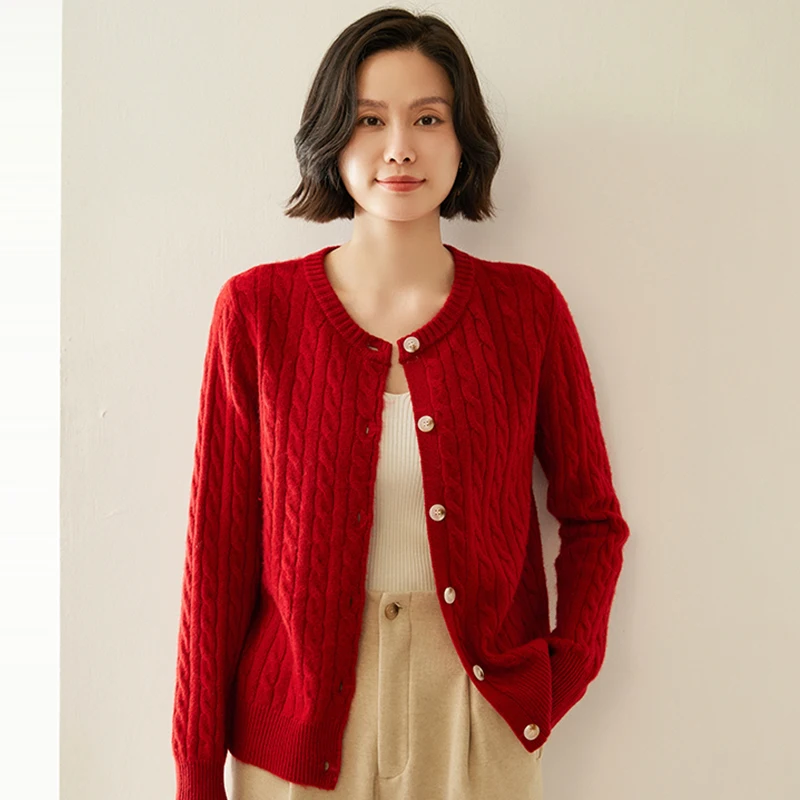 Col rond câble tricot bouton Cardigan décontracté polyvalent 2025 femmes doux pull printemps automne hiver femme hauts 100% cachemire hauts
