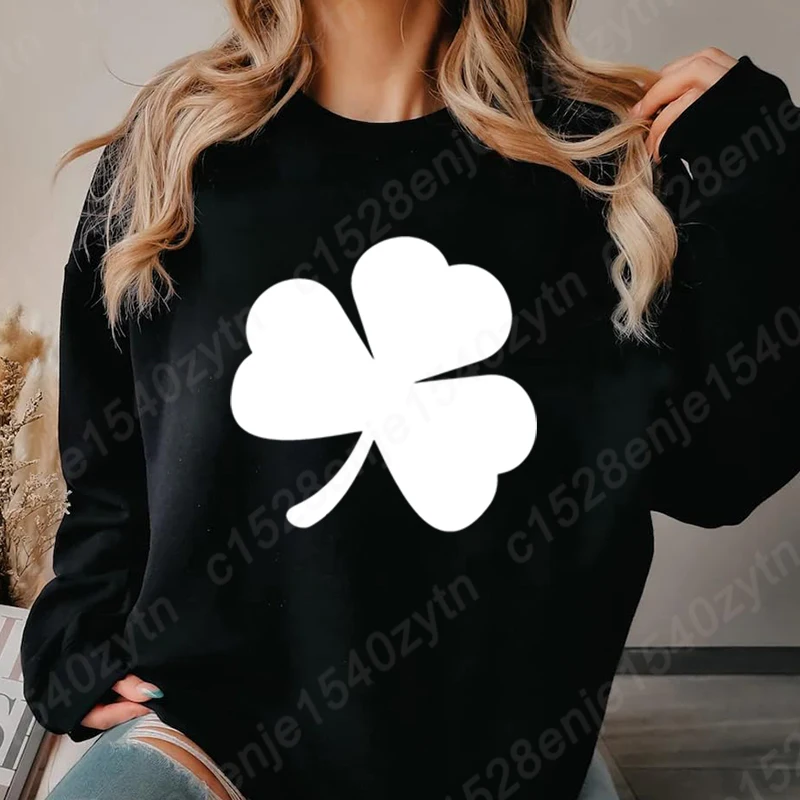 St Patrick's Day Clover Print Pullovers Women Fashion Sports Hoodeless Sweatshirt Ladies Autumn Winter Solid Color Pullover Tops