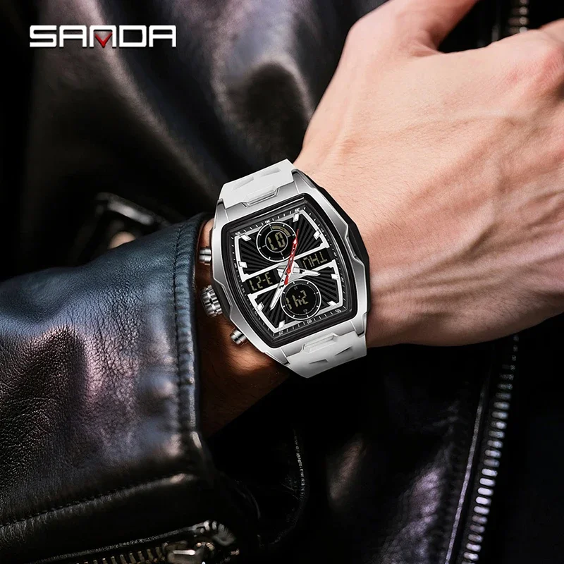 SANDA ساعة رجالية فاخرة رياضية كوارتز عرض مزدوج ساعة اليد كرونوغراف مقاوم للماء عسكرية متعددة الوظائف ساعات رقمية للرجال