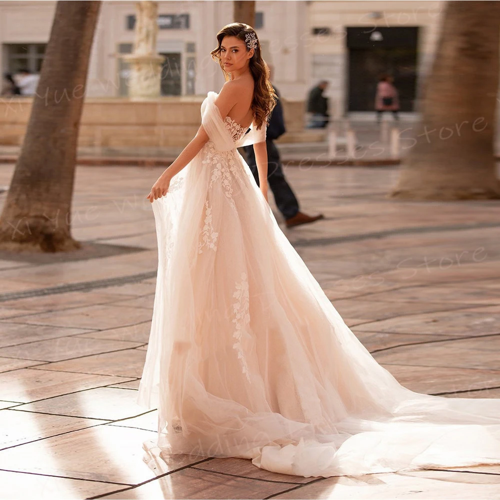 Affascinante grazioso una linea abiti da sposa da donna Vintage nuovo con spalle scoperte Appliques di pizzo abiti da sposa Tulle Vestido De Noivas