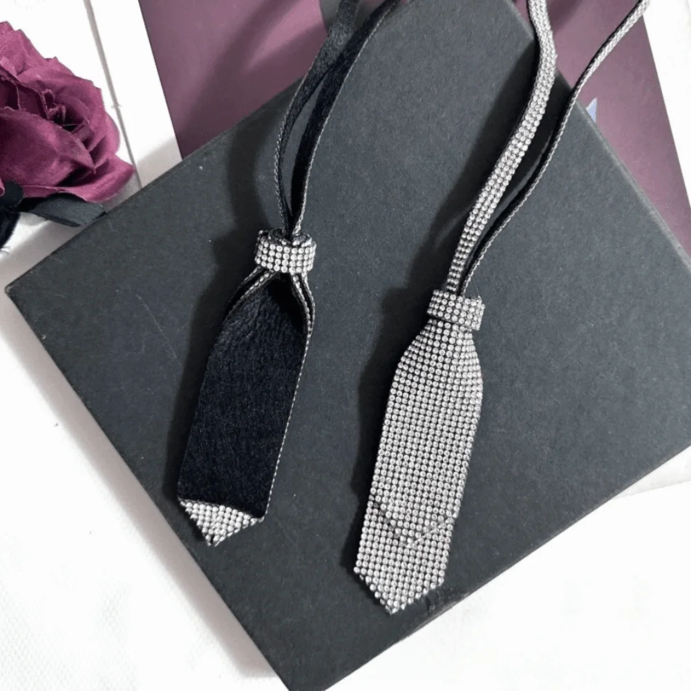 Decorative Adjustable Rhinestone Necktie Double Layer Black Bow Ties Ribbon Tassel Black Necktie Unisex