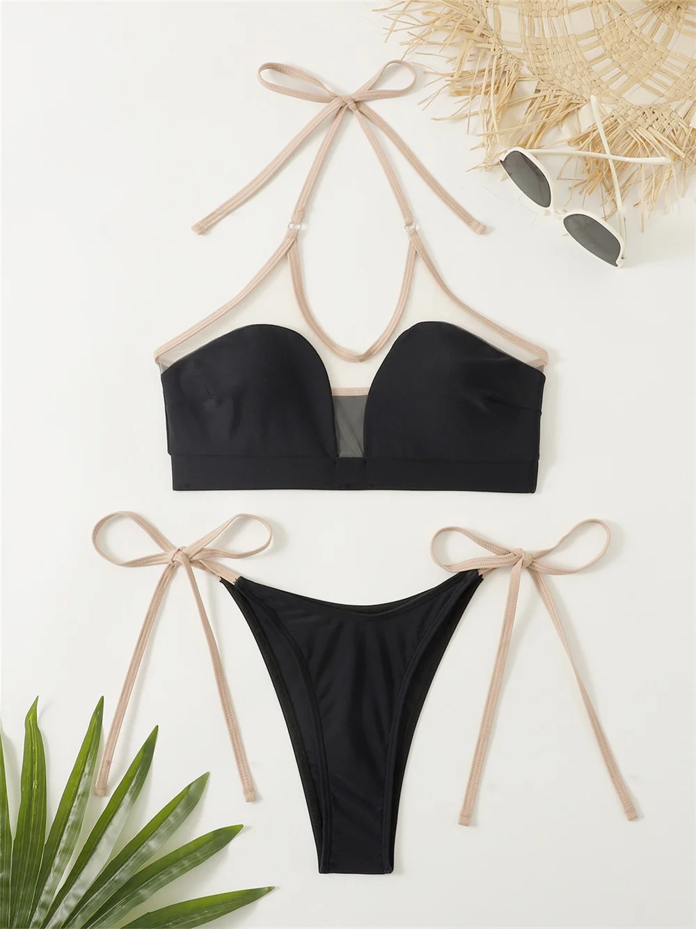 Sexy Halter String Bikini Mesh Border Swimsuit Micro Tangas Vacation Swimwears Women Beach Outfits Bathing Suit Biquini Feminino