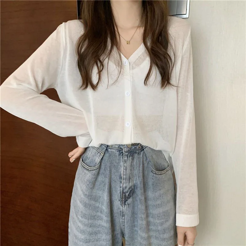 Candy Color Thin Knit Cardigan Women 2025 Summer See Through Buttons Sun Protection Cardigans Loose All-Match Long Sleeve Shirt