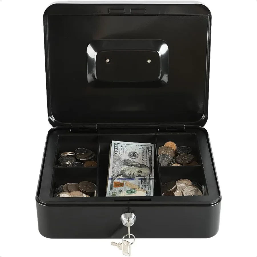 xydled Cassetta contanti grande in acciaio con chiusura con vassoio portamonete rimovibile e serratura a chiave 9,84x 7,87x 3,54 Nero