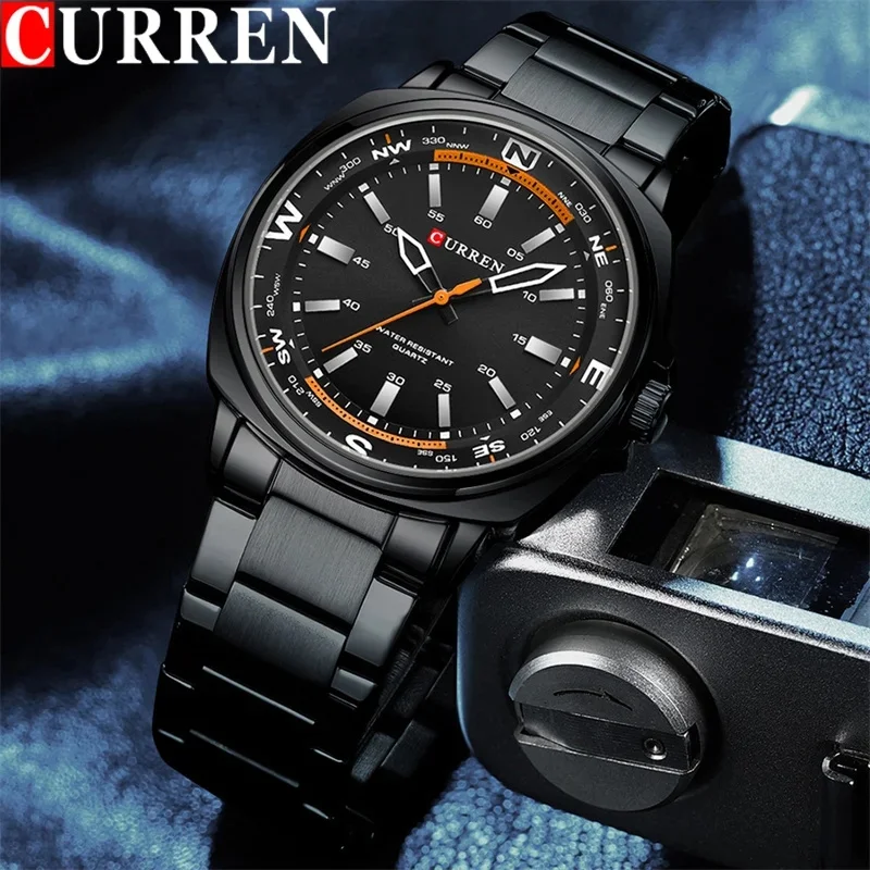 CURREN 8455 orologio al quarzo argento moda uomo tempo libero Business nero argenteo Display analogico cinturino in acciaio inossidabile per orologio maschile