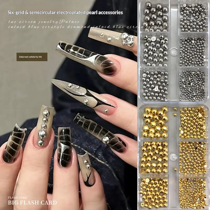 【B】6Grids Mixed Semi-circular Pearl Nail Charms Gold And Silver Manicure Accessories DIY Nail Salon Manicure Decoration