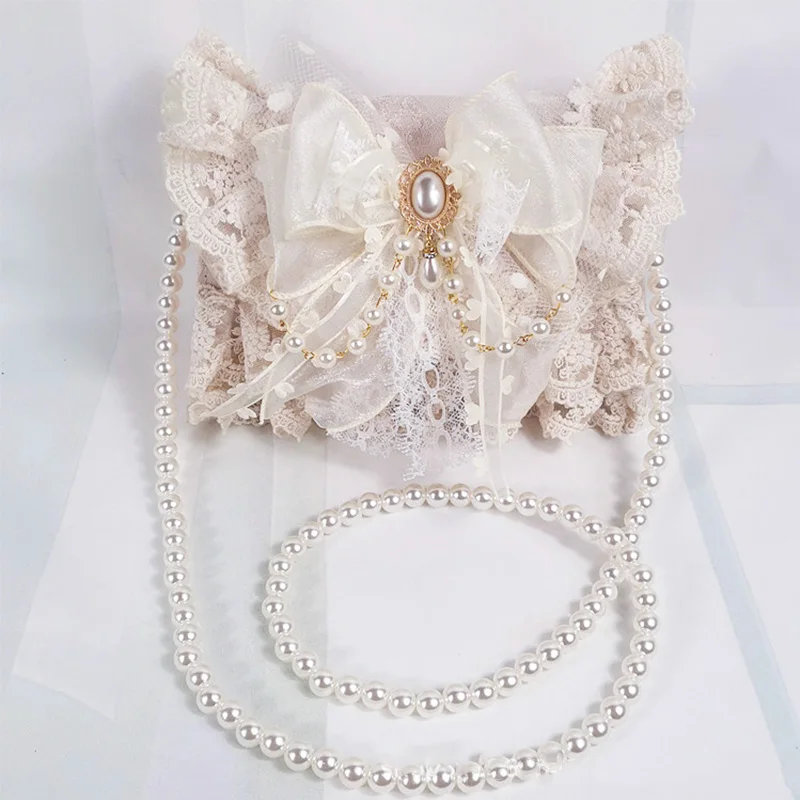 2022 Luxury Designer Shopper PU Leather Handbag for Wallet Fashion Sweet Elegant Lace Bow Pearl Lolita Purse Crossbody Bag