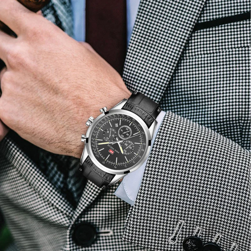 Top Brand Men's Leather Watch Luxury Quartz Watch Casual Business Sport Waterproof Chronograph Wristwatch with Date Display