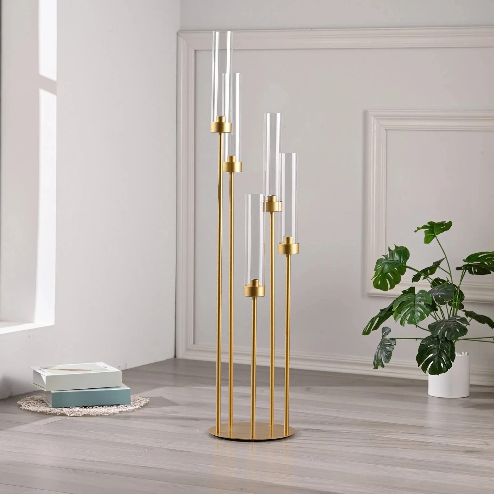 Tall Candle Holder with Acrylic Lampshade for Wedding Table Birthday Party Decoration 10PCS Gold Floor Candelabra 5 Arm