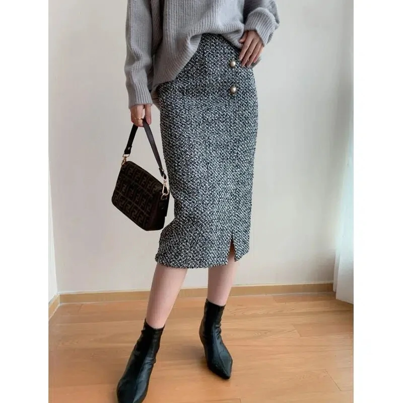 Imagem -05 - Elegante Tweed Saia de lã para as Mulheres 2023 Novo Outono Inverno Pequeno Frangance Midi Saias Lado Dividir Hip Pacote lã Faldas Mujer