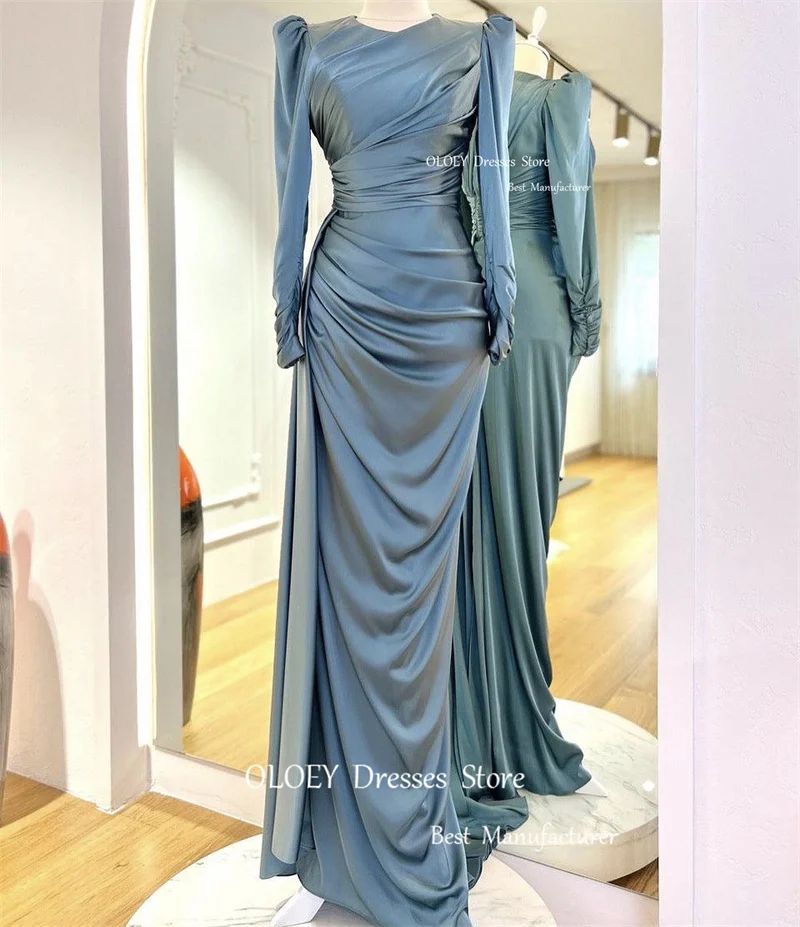 OLOEY Modest Dusty Blue Satin Evening Dresses Dubai Arabic Women O-Neck Long Sleeves Pleats Formal Prom Gowns Special Occasion