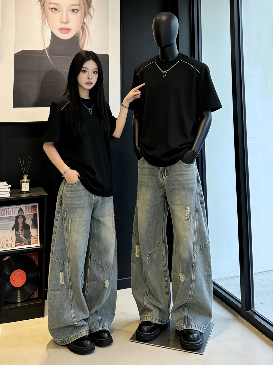 

Light Blue Men's Denim Jeans Spring American Sle Waed Wide Leg Pants Torn Cleanfit Flared Jeans mid Waist Zipper Closure
