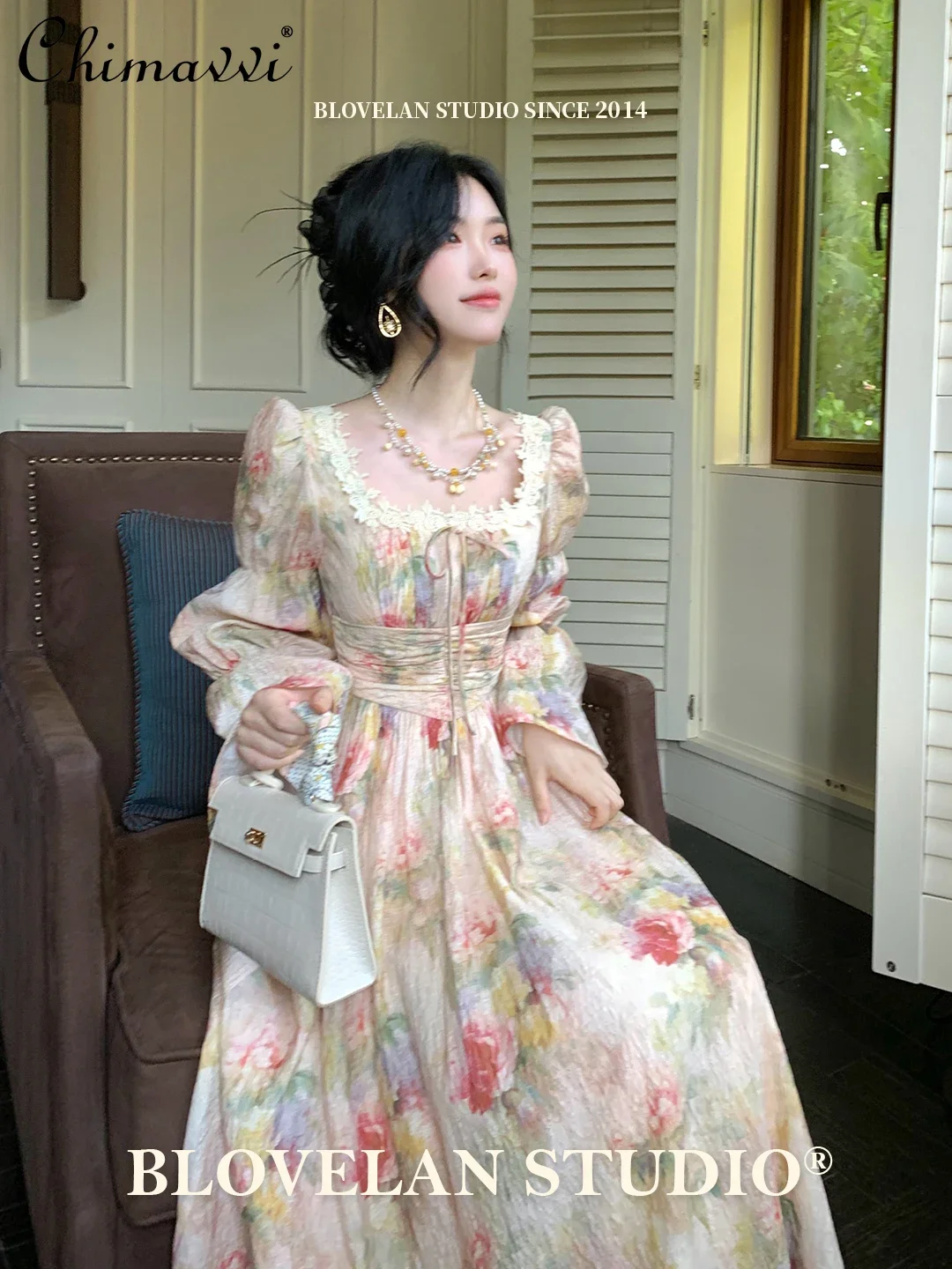 

French Vintage Pastoral Oil Painting Print Lace-up Square Collar Long Sleeve High Waist Slim Fit A-line Elegant Long Dress Women