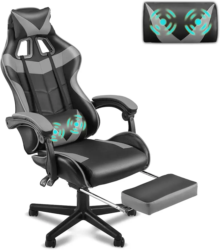 Kursi Gaming abu-abu dengan sandaran kaki, kursi Game komputer ergonomis, kursi Gamer dengan bantal Lumbar dan sandaran kepala dapat disesuaikan