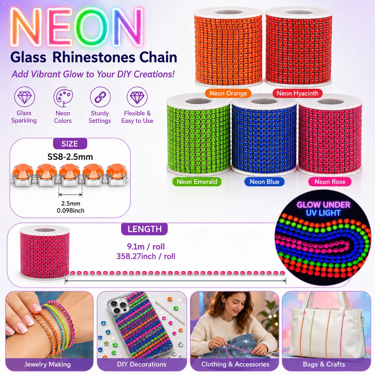 9.1m/Roll SS8 2.5mm Neon Glass Rhinestone Chain, Silver Base Close-Set Crystal Cup Chain, 5 Fluorescent Colors for Clothing, Bag