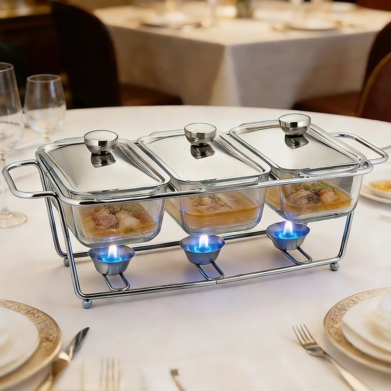 

Набор из 2 стеклянных подогревателей для еды с подставкой из нержавеющей стали, комплект для подогрева пищи с крышками и подогревом от свечей для фуршета