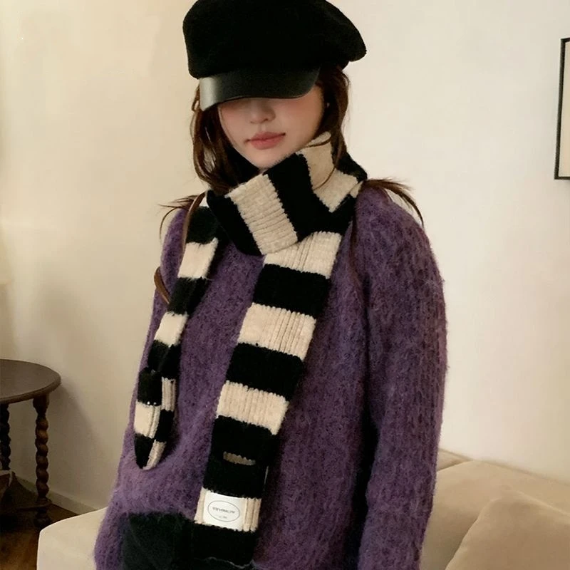 

Knitted Striped Scarf Y2K Color Blocked Scarf With Pockets Autumn Winter Warm Scarf Korean Harajuku Shawl Thicken Neckerchief