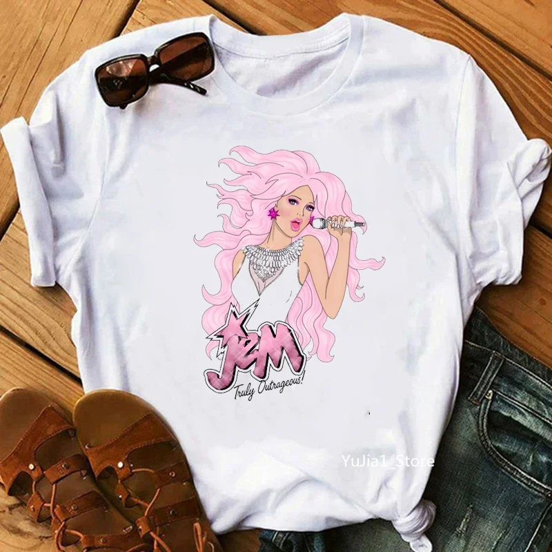 Jem i hologramy T Shirt damska moda Hipster topy hip-hopowe koszulki letnie Streetwear urocze ubrania dla fanów lat 80. 90.