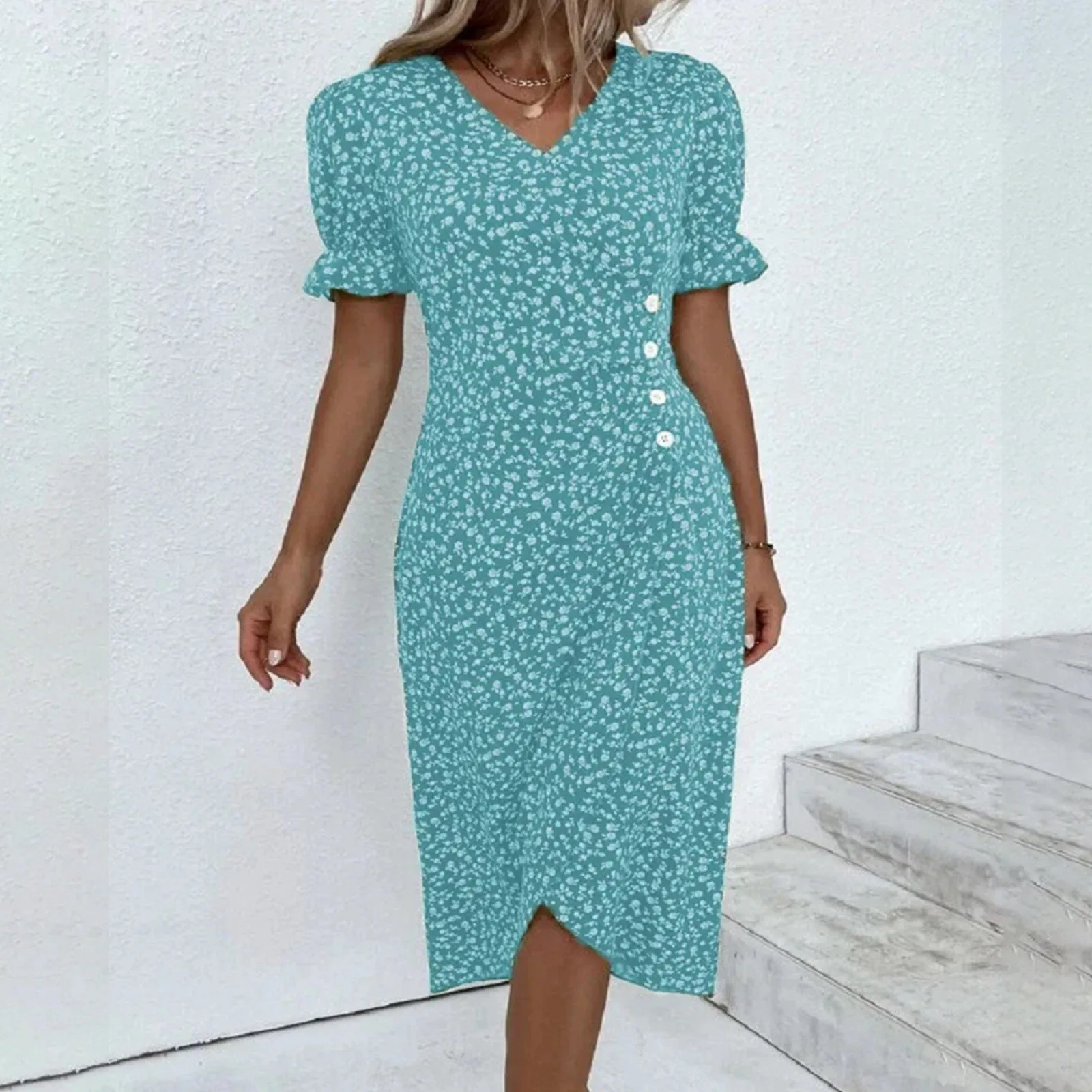 

Женское платье с коротким рукавом и V-образным вырезом, в этническом стиле