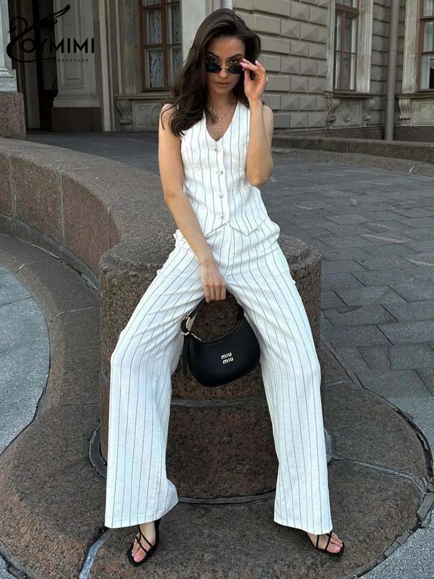 Oymimi Casual White Print Women 2 Piece Set Outfit Fashion V-Neck Sleeveless Tank Tops And High Waist Straight Trousers Sets