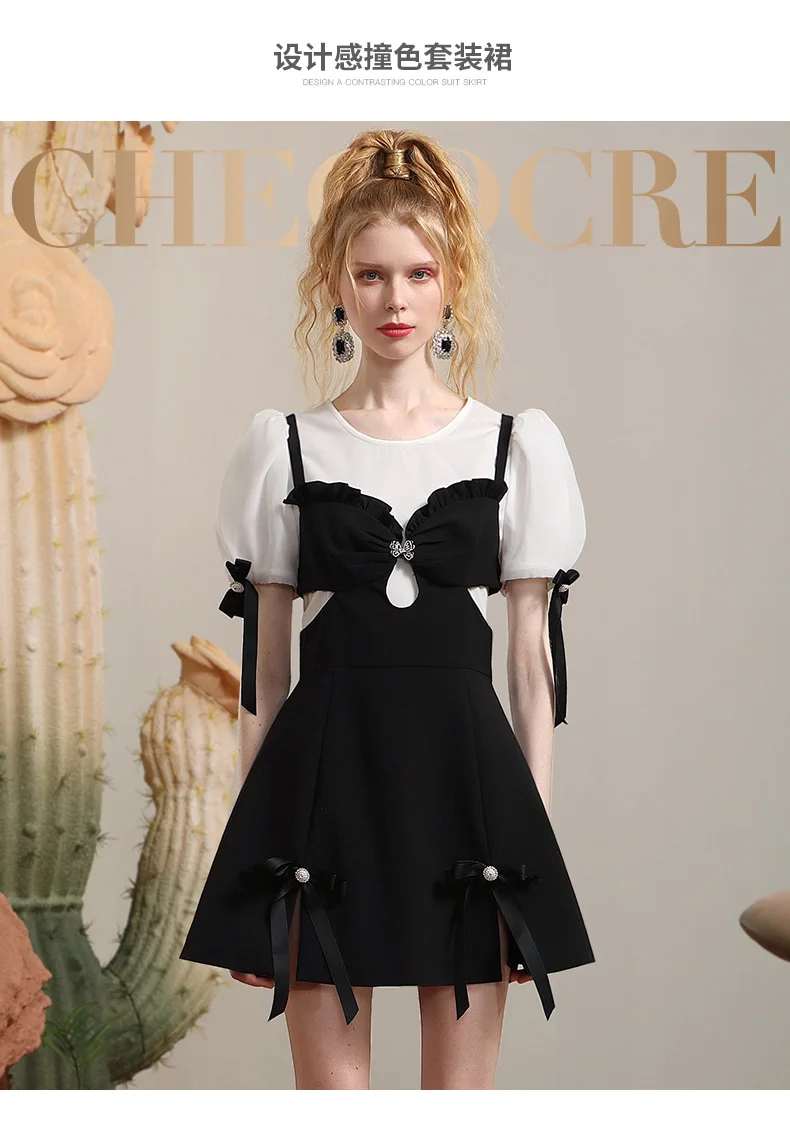 High Quality Designer Model Sweet Cool Dress Women Simple Puff Sleeve T-shirt Top Design Bow Black Suspender Dress 2-Piece Set