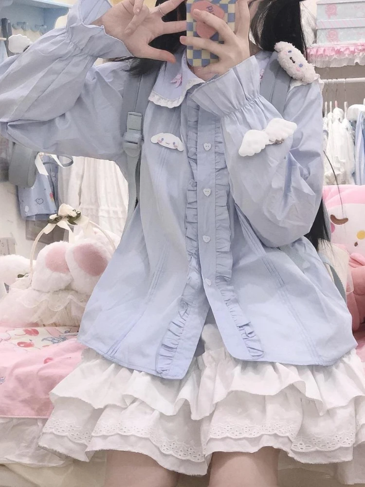 

2022 Lolita Shirt Women Pink Sweet Long Sleeve Blouse Ruffles Patchwork Preppy Style Peter Pan Collar Japanese Tops