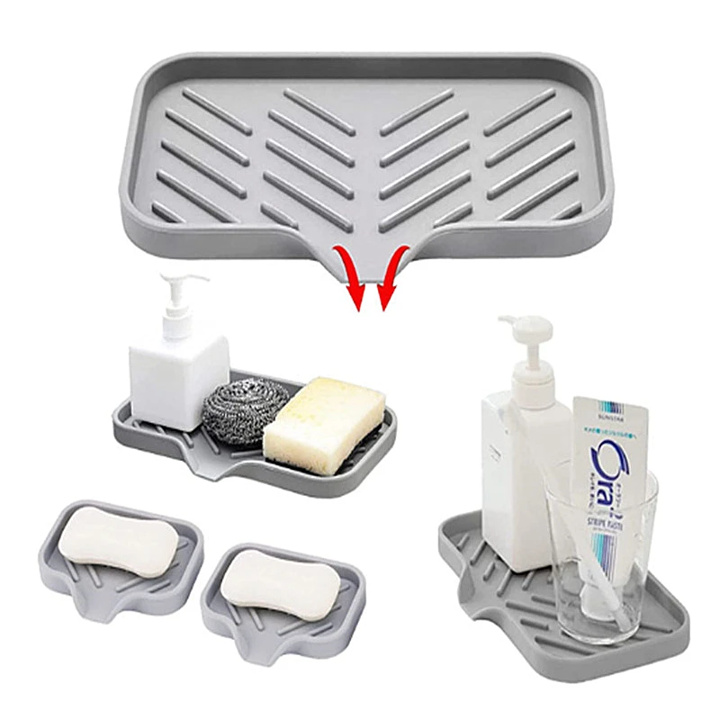 Self Draining Soap Bar Holder Silicone Kitchen Sink Soap Dish Sponge Tray Counter Caddy Organizer for Dish Soap Dispenser