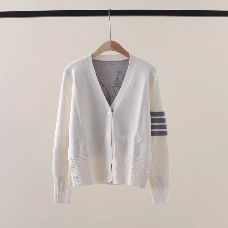 Autumn and Winter NewTBStriped Four Bars College StyleVCollar Back Heavy Industry Sailboat Inlay Cardigan Coat Tide